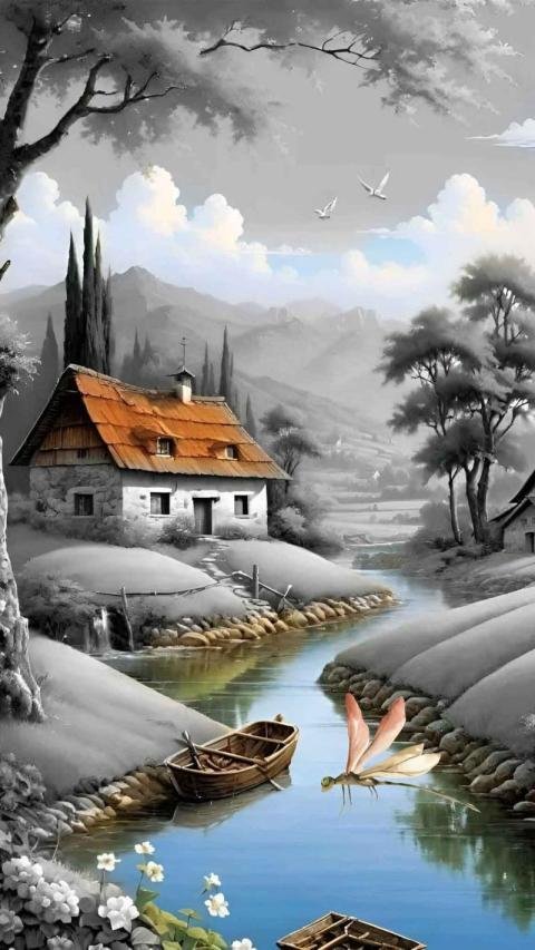 A small stone house with a red tiled roof and nature mobile wallpaper