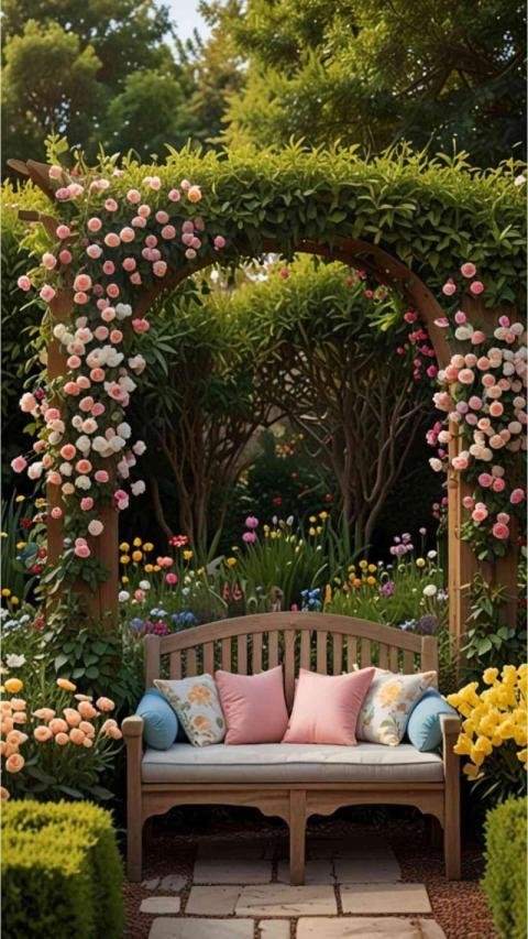 A beautiful garden wallpaper featuring a wooden arched trellis