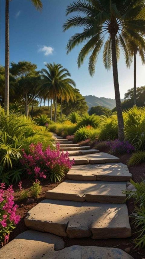 Tropical garden wallpaper featuring a stone path