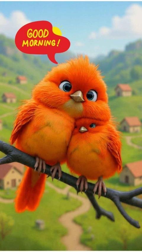 Cute orange cartoon birds with good morning wishes