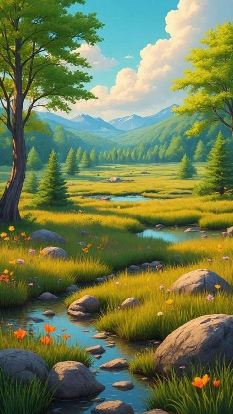 Beautiful landscape illustration featuring a serene river