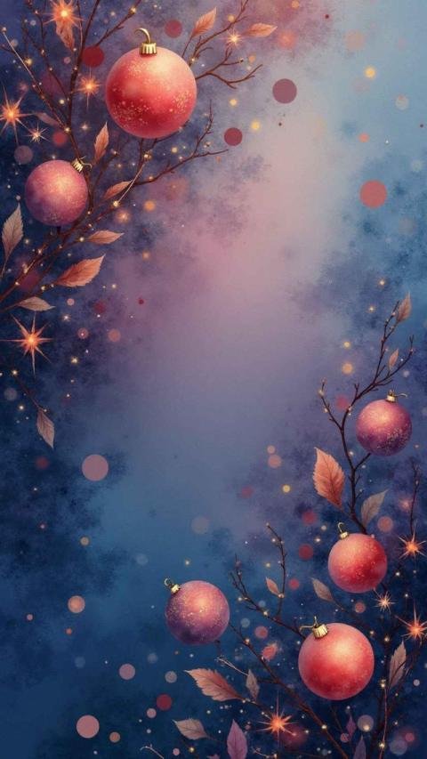 A festive digital illustration featuring red and gold ornaments