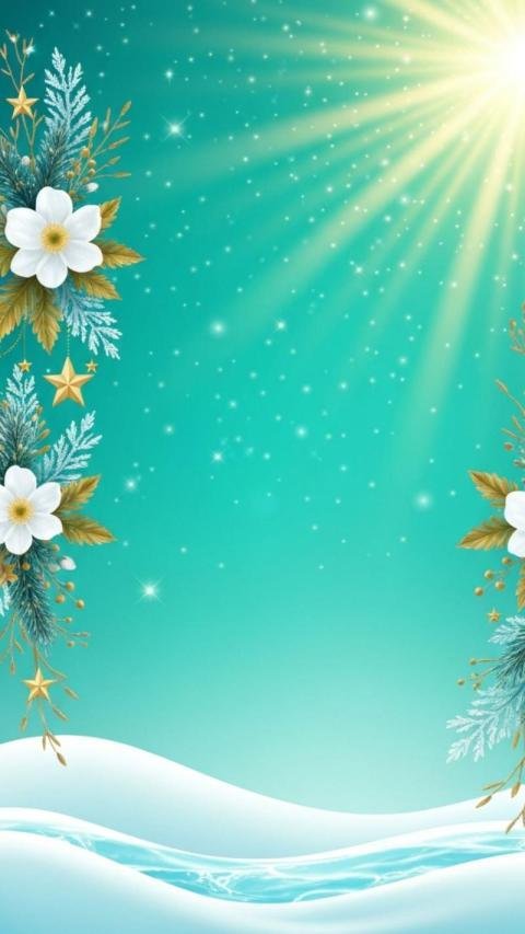 A dreamy winter fantasy scene with a turquoise to teal gradient sky filled with tiny glowing stars