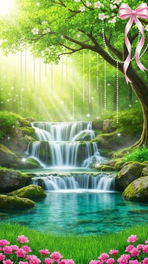A magical fantasy landscape featuring a cascading waterfall