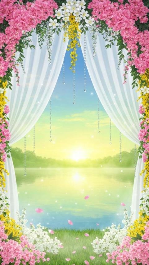 A dreamy fantasy garden scene framed by cascading sheer white curtains