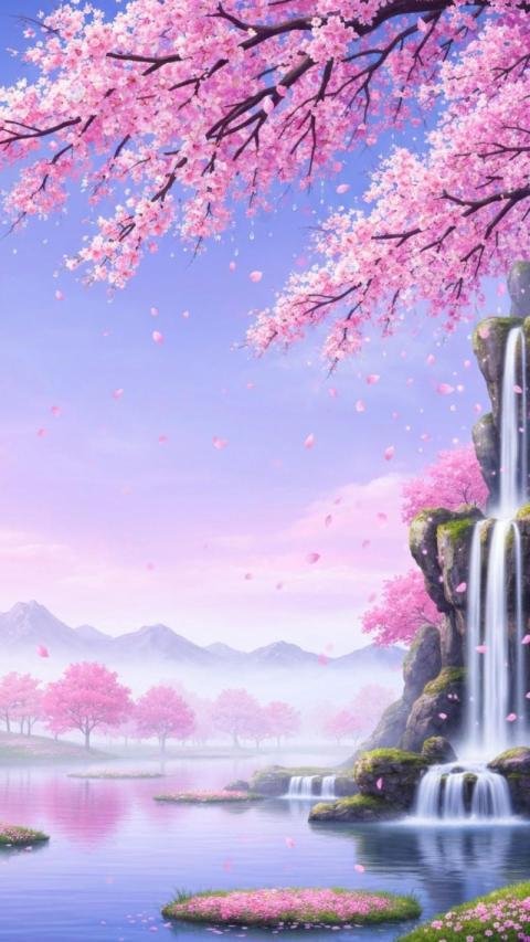 Whimsical fantasy landscape featuring blooming cherry blossom branches