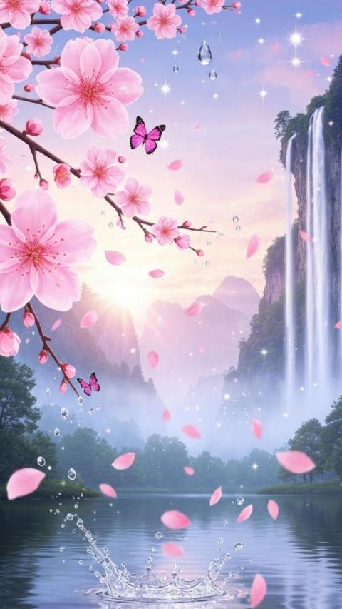 Magical fantasy landscape with blooming cherry blossoms