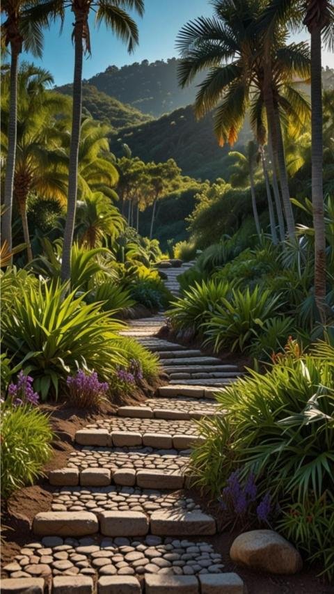 Tropical garden wallpaper featuring a stone path