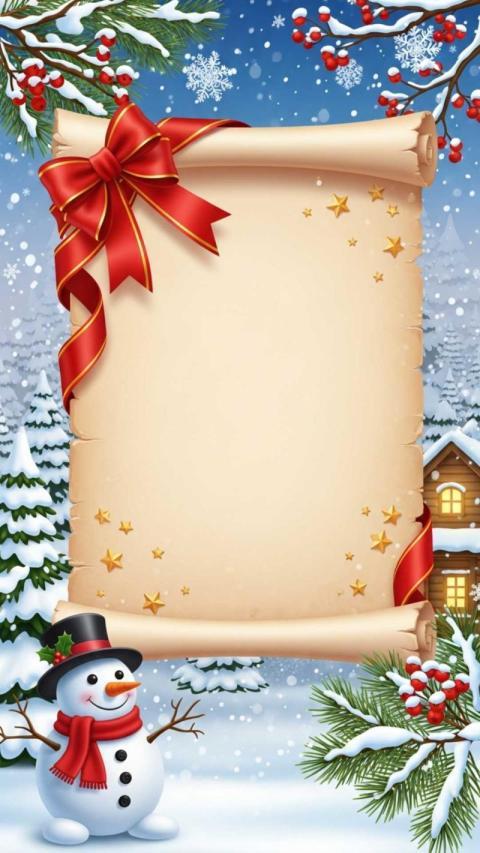 A festive Christmas themed vertical illustration featuring an old parchment scroll in the center