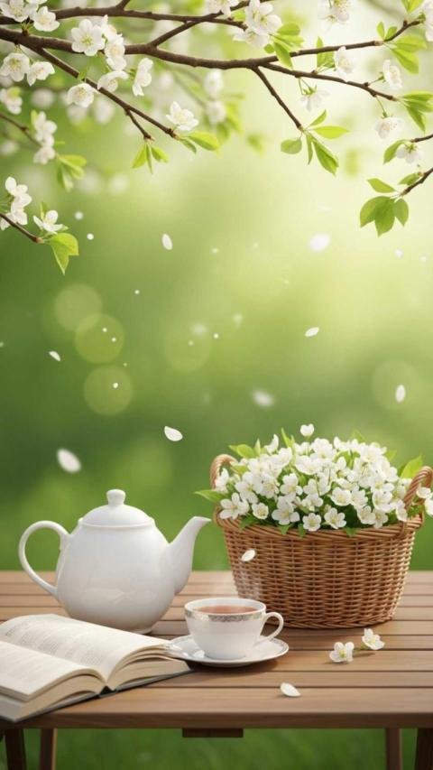 A serene spring morning scene in soft, dreamy lighting