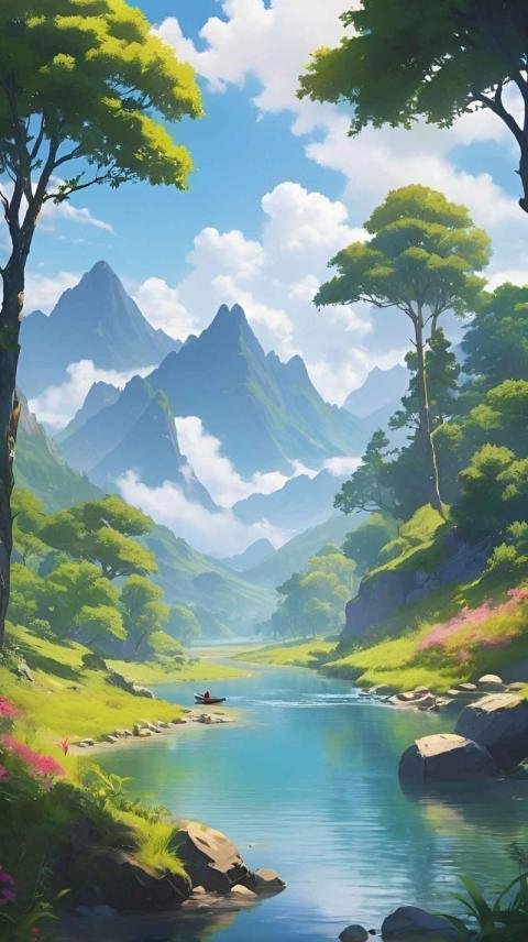 A serene digital illustration of a beautiful landscape featuring a serene river