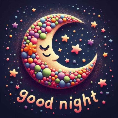 A whimsical and colorful illustration of a crescent moon with Good Night