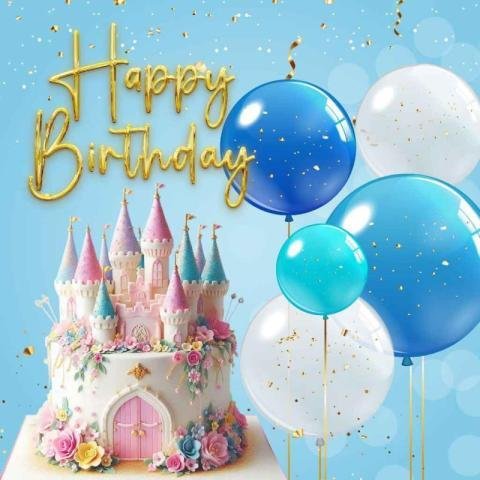 A happy birthday card with a colorful background featuring a princess castle and balloons