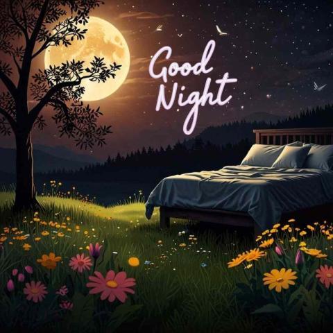 a full moon in the night sky, with the words Good Night