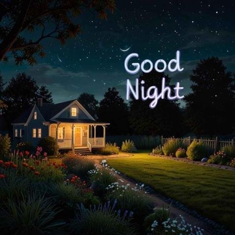 A beautiful good night scene of a small house with a peaceful garden