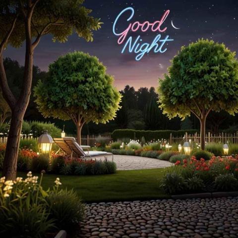A serene garden at night with good night wishes
