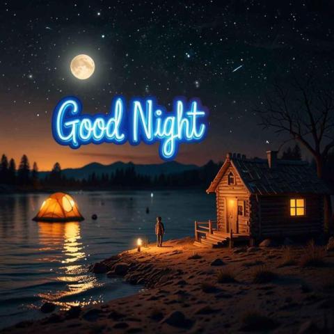 A full moon Good Night wishes over a lake with a cabin and a tent on the shore