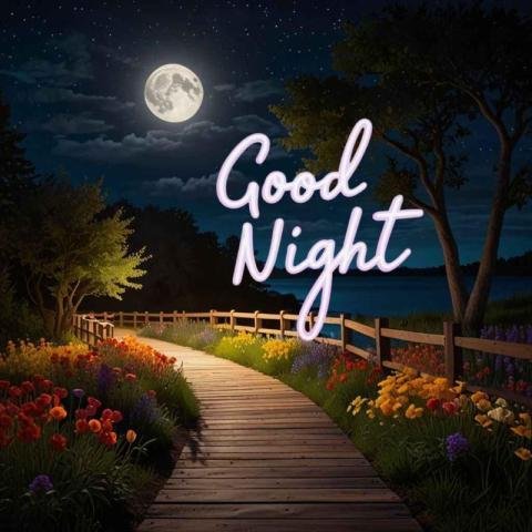 A beautiful good night scene with a wooden path leading to a serene lake under a full moon