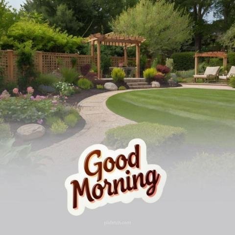 A garden with a well manicured lawn and Good Morning Wishes