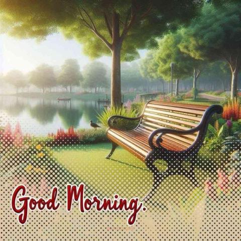 A digital illustration of a park scene and good morning wishes