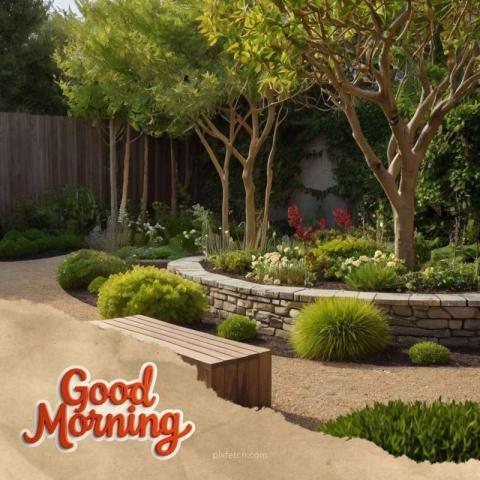 Good morning wishes with a beautiful garden scene