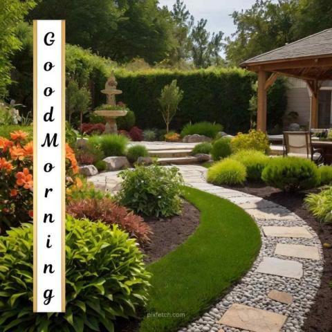 A beautiful garden with a stone path and good morning (2)