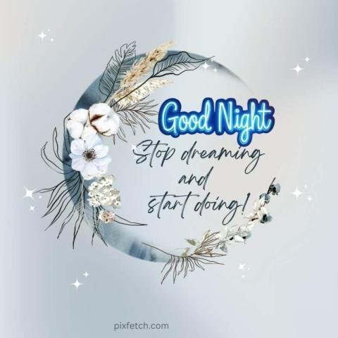 A digital illustration of wreath of white flowers and good night