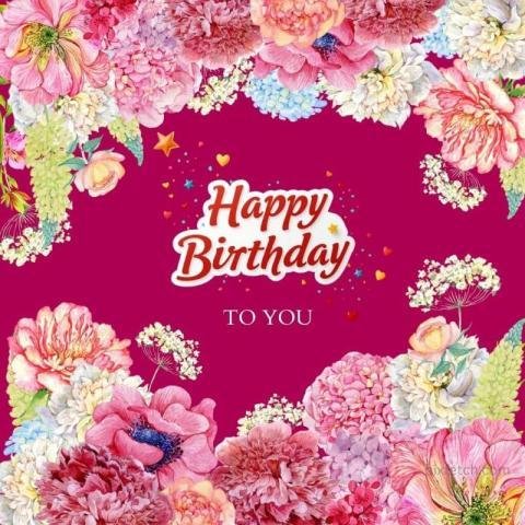 A happy birthday card with a floral frame