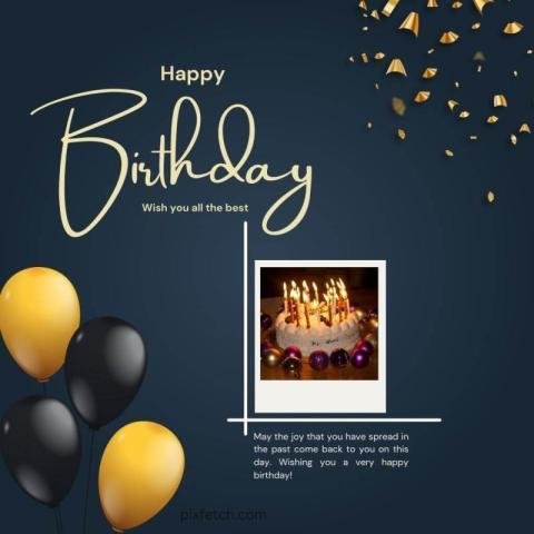A birthday card with a dark blue background and gold confetti
