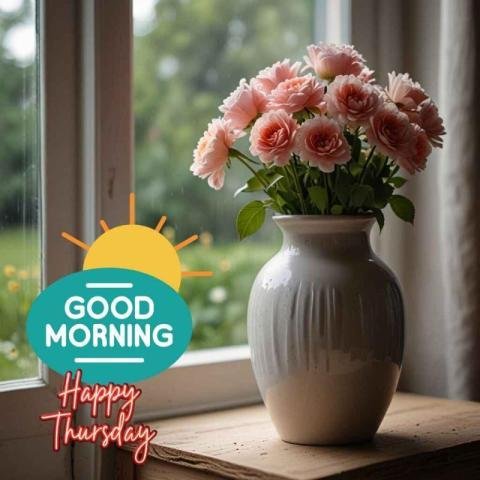 Good morning happy thursday with  vase of pink roses on a windowsill