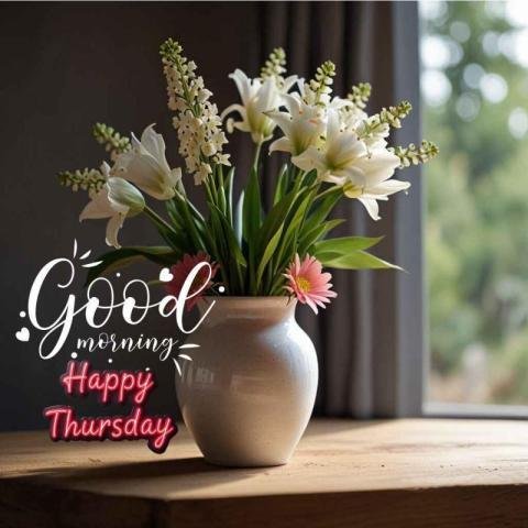 Good morning with a vase of white lilies and pink daisies