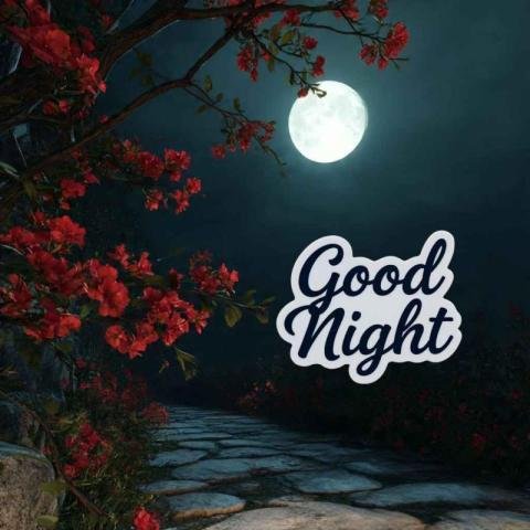 Good Night Image with Full Moon and Flowers