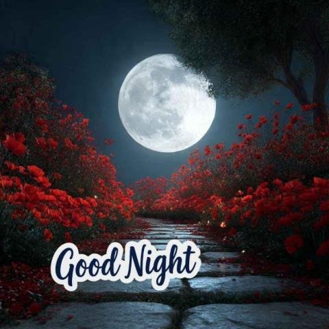 Good Night Image with Full Moon and Red Flowers