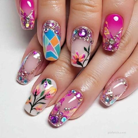 Elegant nail art design featuring floral patterns