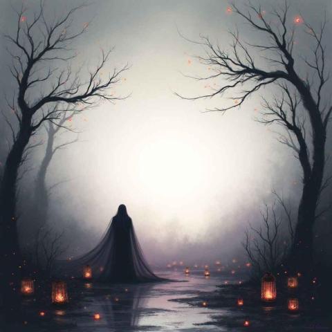 A haunting digital illustration of a mysterious veiled figure