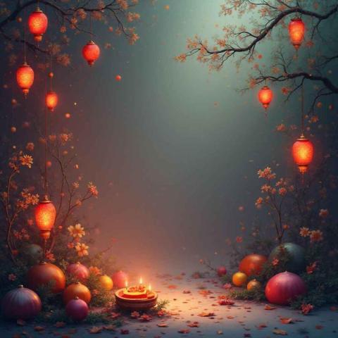 A digital illustration featuring glowing red lanterns