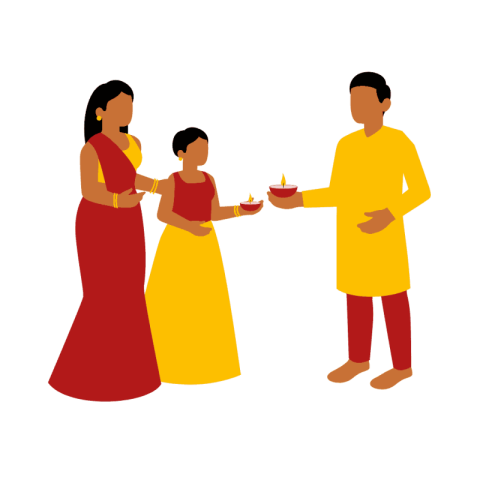 A festive Diwali illustration depicting a man offering a lit diya