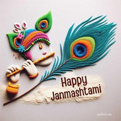 A happy janmashtami greeting card with krishna playing a flute