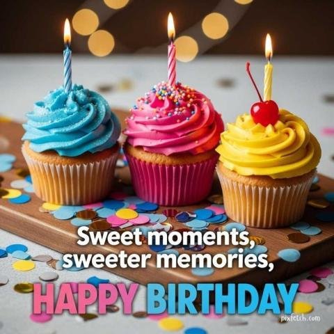 Birthday card with three colorful cupcakes, candles and wishes