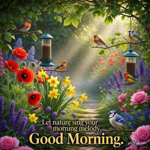 A beautiful garden scene featuring birds perched with good morning wishes