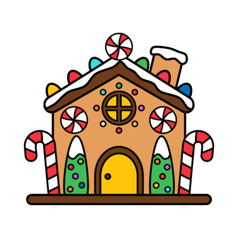 Cartoon style illustration of a gingerbread house