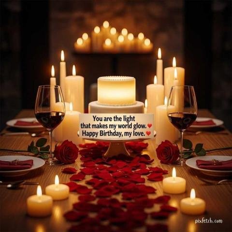 Romantic scene with a white cake and happy birthday wishes