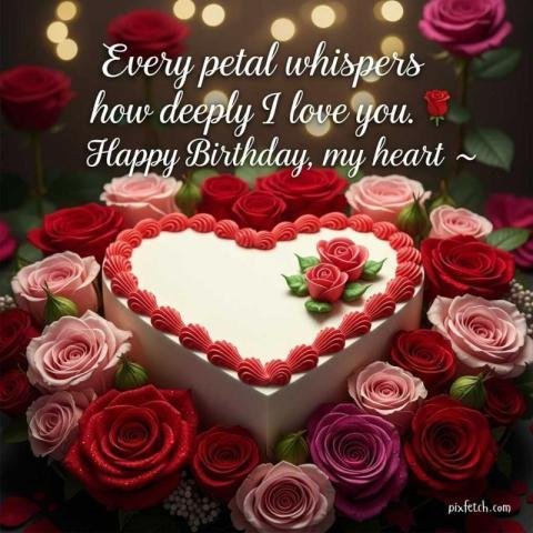 A romantic and happy birthday card with a heart shaped white cake