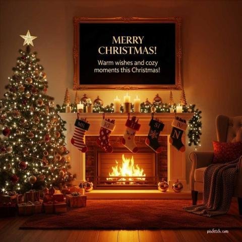 Merry Christmas wishes with campfire and Christmas tree