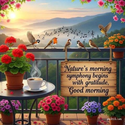 Good morning wishes with bright sunrise, flowers, and birds