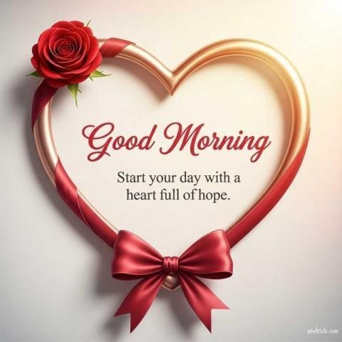 Heart shape with flower and bow saying Good morning with quotes