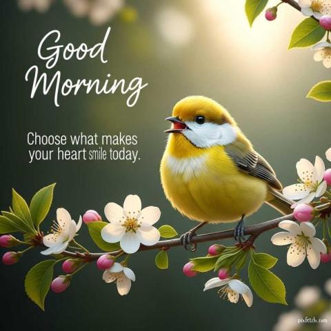 An image of bird sitting on branch with flowers and good morning with quotes