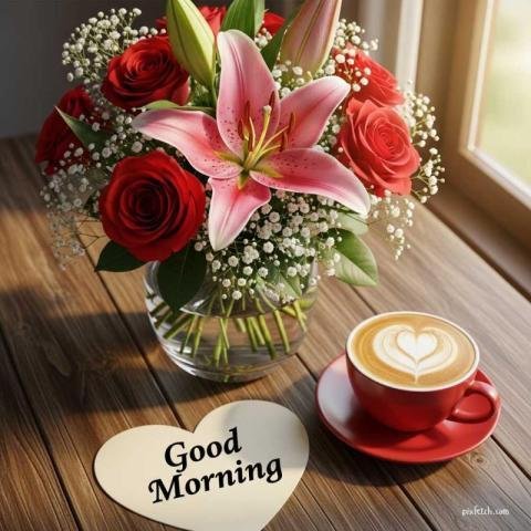 A flower vase and coffee with good morning