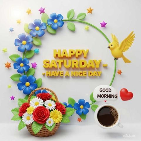 Happy saturday wishes with flowers and coffee