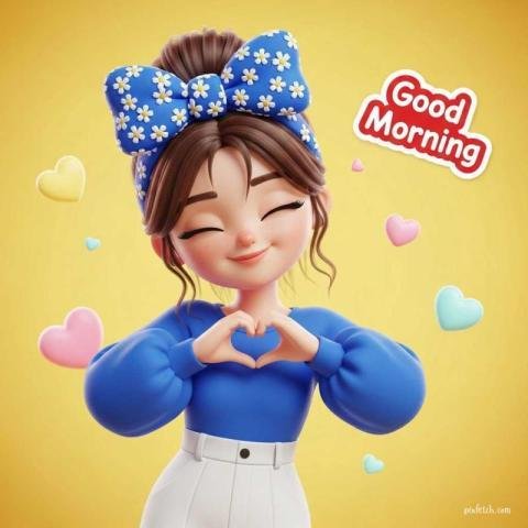 Cute 3D cartoon girl with a soft Good morning